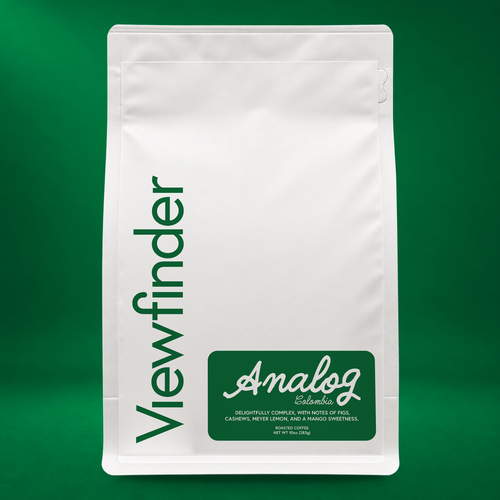 Viewfinder Analog coffee in a white bag on a green studio background