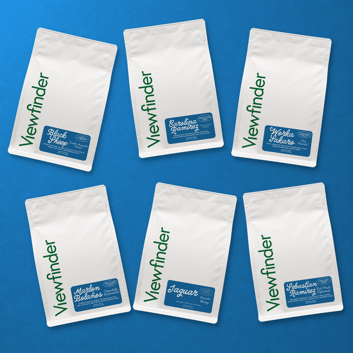 Overhead flat lay of six Viewfinder Collection coffee bags with blue labels on a blue background