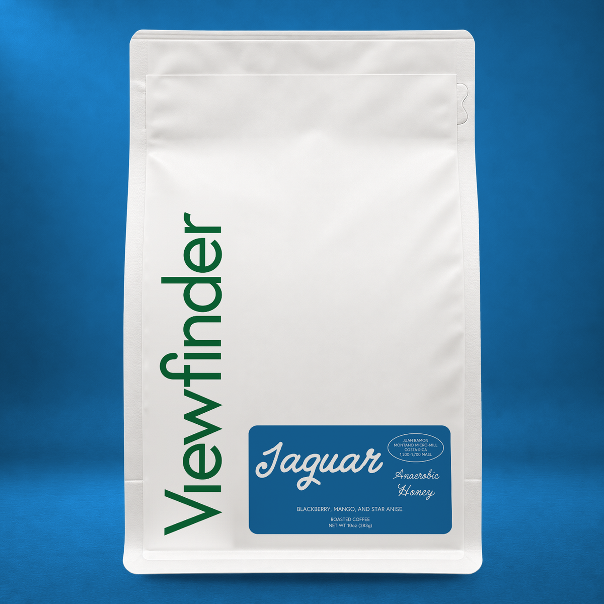 Viewfinder Jaguar Anaerobic Honey Costa Rican coffee in a white bag on a blue studio background
