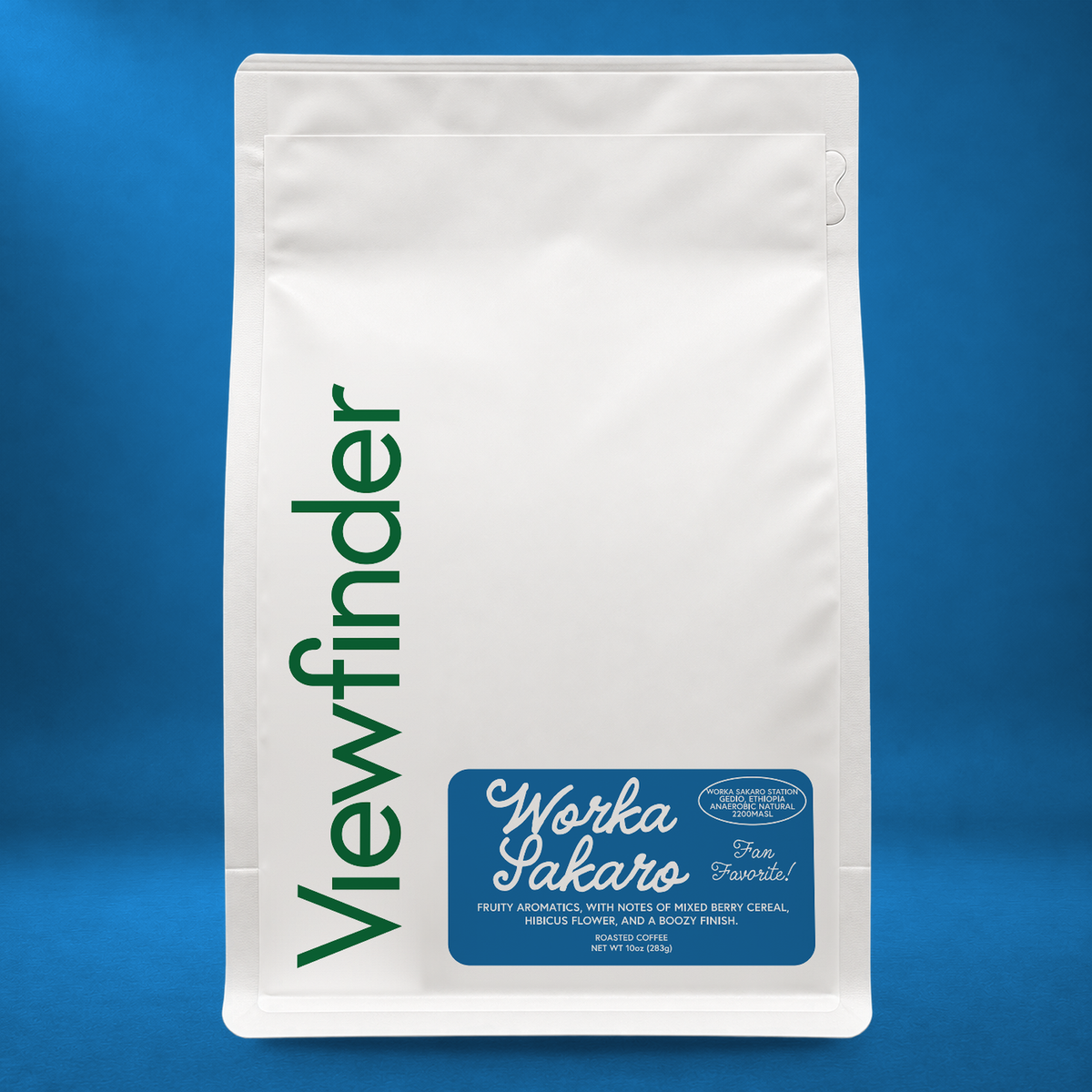 Viewfinder Worka Sakaro coffee in a white bag on a blue studio background